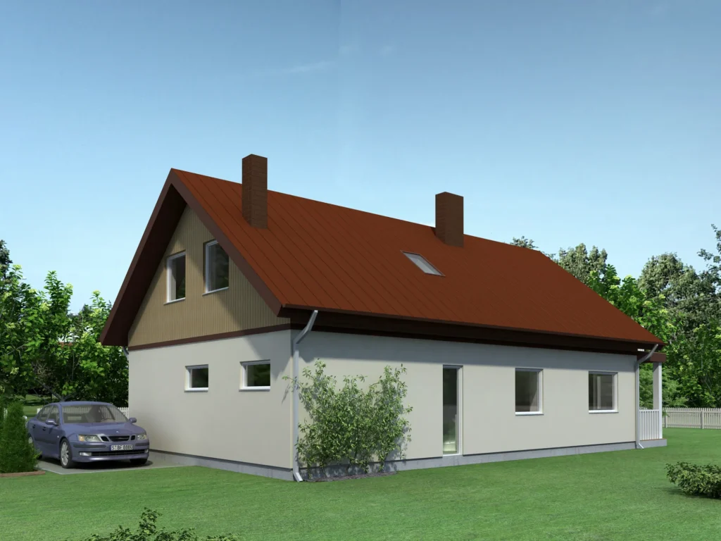 Kahekorruselise eramaja projekti Harjumaal 3D visualiseering hoovist