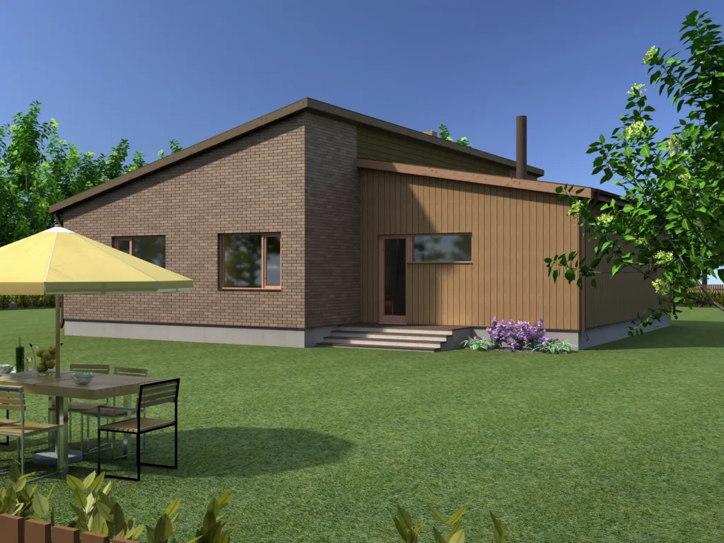 Ühekorruselise eramaja projekti Harjumaal 3D visualiseering hoovist