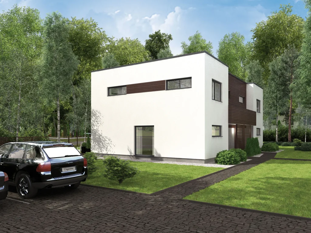 Modernse kahekorruselise paariselamu projekti Tallinnas 3D visualiseering parklast