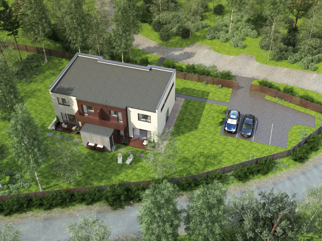 Modernse kahekorruselise paariselamu projekti Tallinnas 3D visualiseering linnulennult