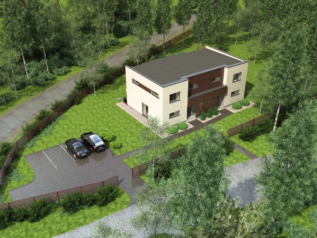 Modernse kahekorruselise paariselamu projekti Tallinnas 3D visualiseering linnulennult