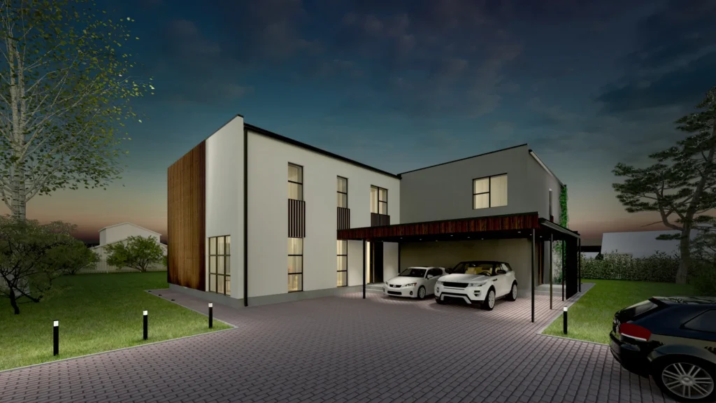Kahekorruselise paariselamu projekti Tallinnas 3D visualiseering tänavalt